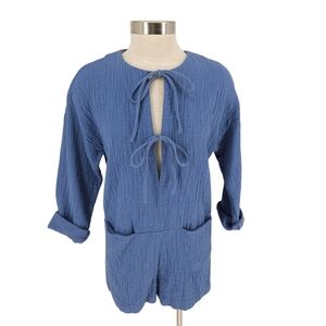 Zara Shorts Romper Blue Tie Front Long Sleeve One Piece Playsuit Pockets XS